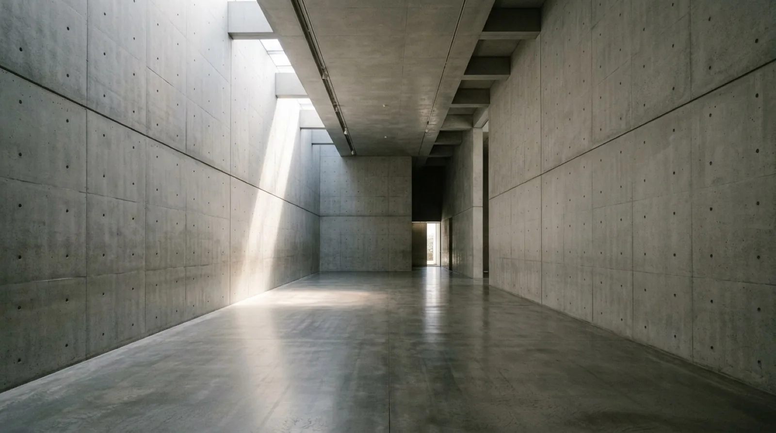 A quiet concrete gallery with a long, clear perspective.